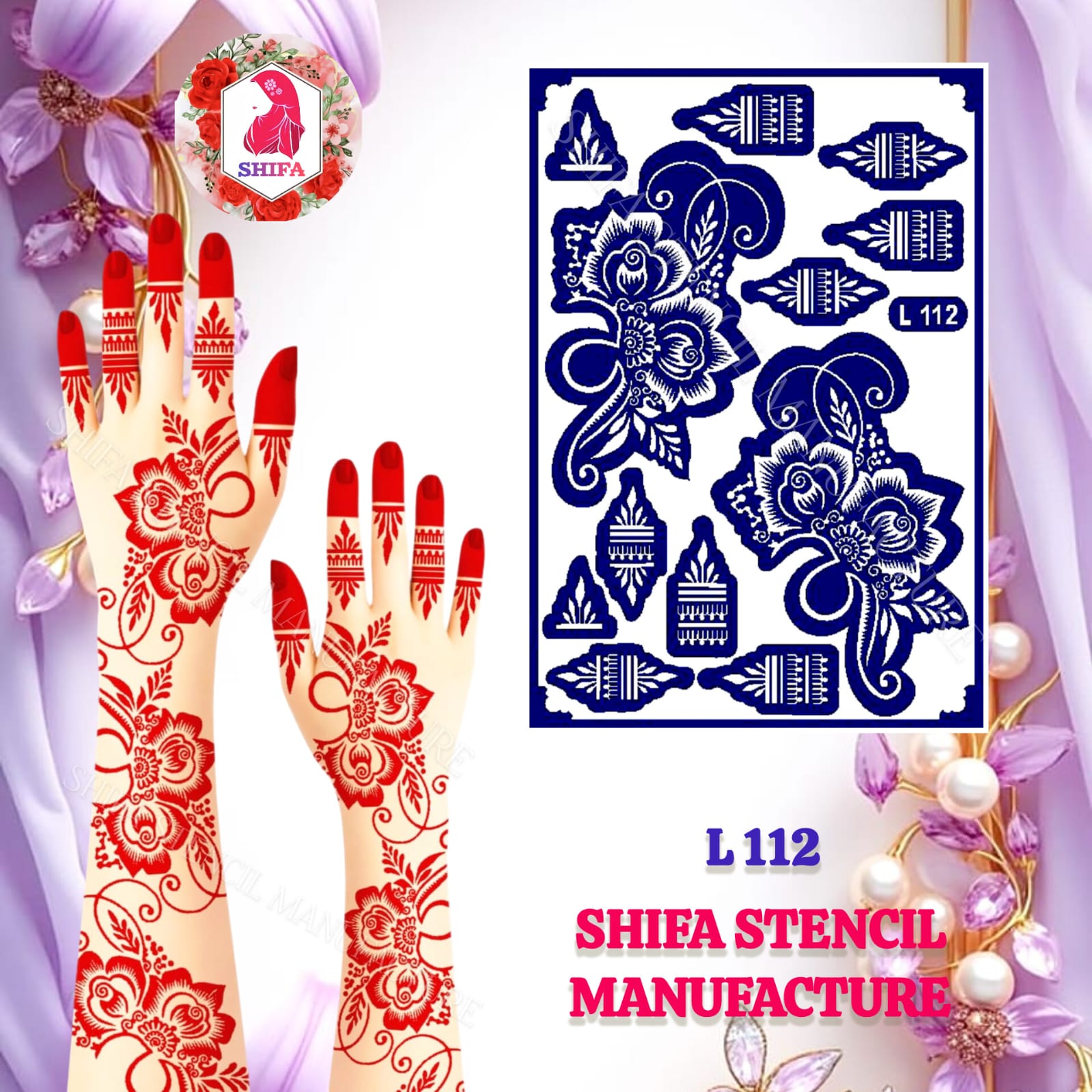 L112 Beautiful Rose Pattern Arabic Design  Sticker Overview  Henna Stencil - Shifa Stencil